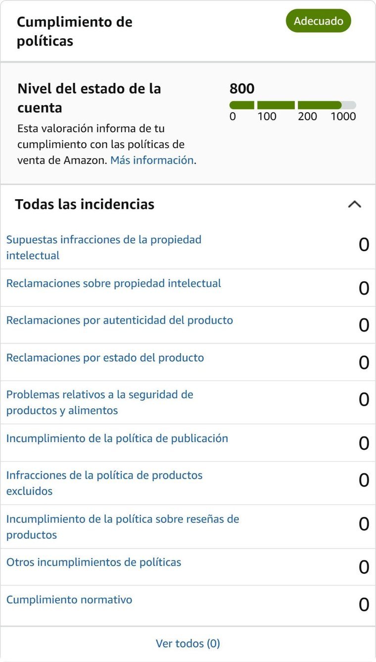 Captura de Seller Central de la cuenta: cumplimiento de políticas «Adecuado» y 0 en todas las incidencias.